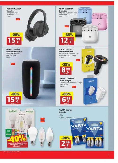 Ribola katalog — stranica 23: ADDA COLLINS* Zidni punjač, ADDA COLLINS* Bluetooth zvučnik, ADDA COLLINS* Slušalice, ADDA COLLINS* FM transmitter (vrijedi 16. 09. 2026.–22. 09. 2026.)