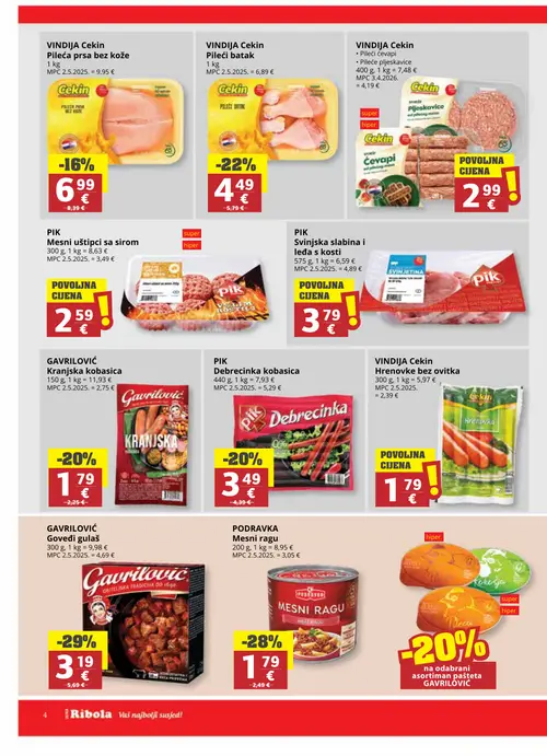 Ribola katalog — stranica 4: GAVRILOVIĆ Goveđi gulaš, PODRAVKA Mesni ragu, VINDIA Cekin Hrenovke bez ovitka, VINDIA Cekin Pileći batak (vrijedi 16. 09. 2026.–22. 09. 2026.)