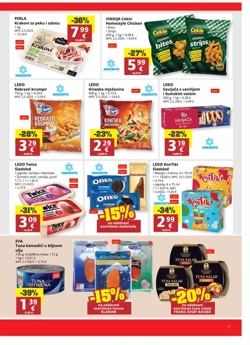 Ribola katalog — stranica 5: EVA Tuna komadići u biljnom ulju, PERLA Krakovi za peku i salatu, Franz Josef Kaiser Tuna salata, LEDO Kon Tiki Sladolod (vrijedi 16. 09. 2026.–22. 09. 2026.)
