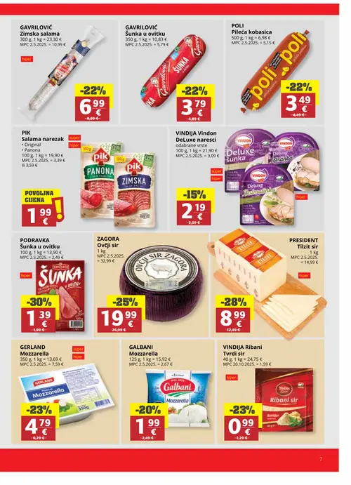 Ribola katalog — stranica 7: PODRAVKA Šunka u ovitku, PRESIDENT Tilzit sir, ZAGORA Ovčji sir, GERLAND Mozzarella (vrijedi 16. 09. 2026.–22. 09. 2026.)