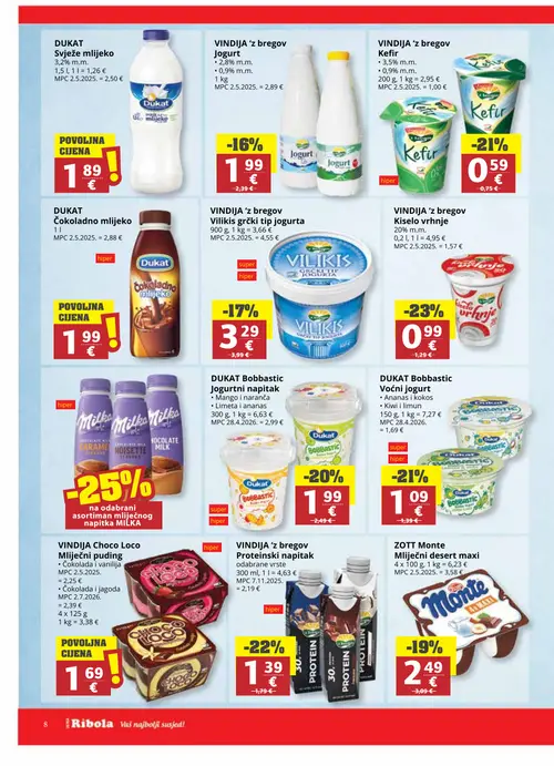 Ribola katalog — stranica 8: VIND. Kiselo vrhnje, VIND. Proteinski napitak, DUKAT Voćni jogurt, VIND. Kefir (vrijedi 16. 09. 2026.–22. 09. 2026.)