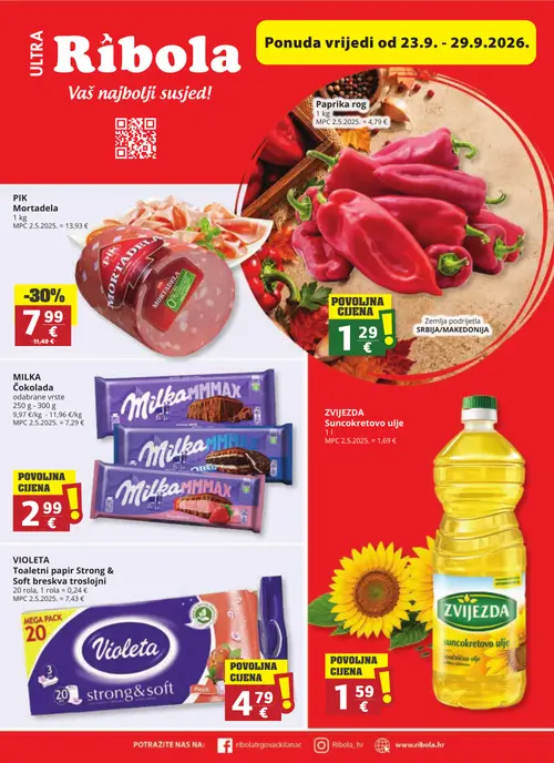 Ribola katalog — stranica 1: PIK Mortadela, MILKA Čokolada, ZVIJEZDA Suncokretovo ulje, VIOLETA Toaletni papir Strong & Soft (vrijedi 23. 09. 2026.–29. 09. 2026.)