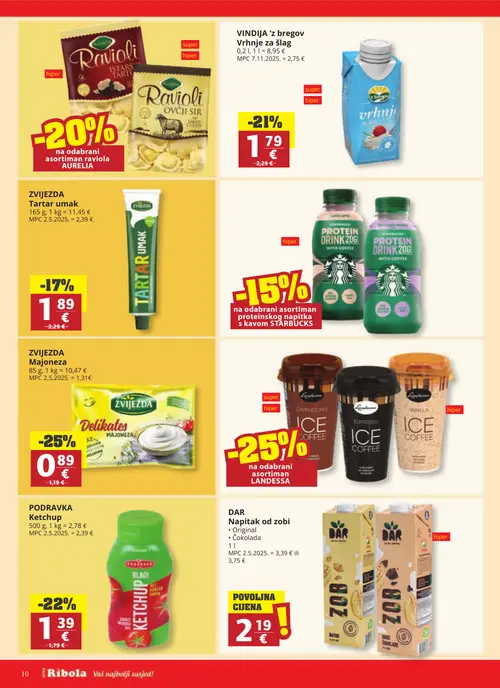 Ribola katalog — stranica 10: VINDIJA Vrhnje za šlag, DAR Napitak od zobi Original, Zvijezda Majoneza, PODRAVKA Ketchup (vrijedi 23. 09. 2026.–29. 09. 2026.)