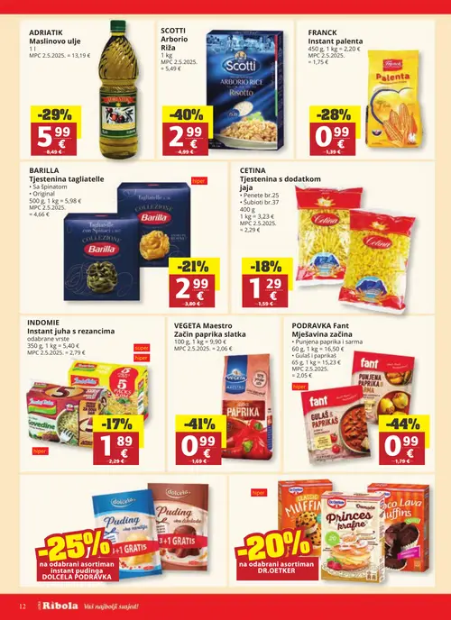 Ribola katalog — stranica 12: PODRAVKA Fant Mješavina začina, VEGETA Maestro Začin paprika slatka, SCOTTI Arborio Riža, ADRIATIK Maslinovo ulje (vrijedi 23. 09. 2026.–29. 09. 2026.)