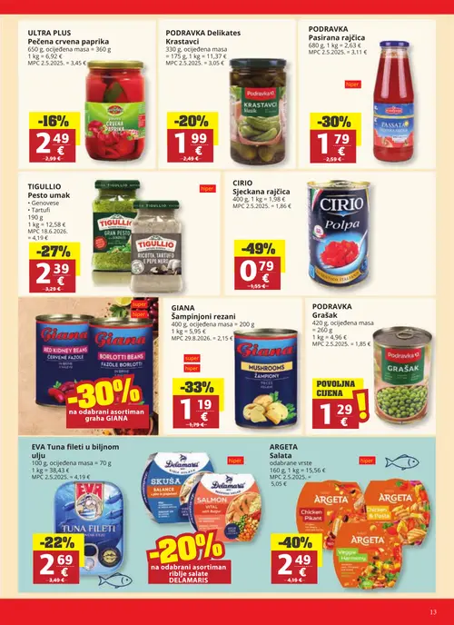 Ribola katalog — stranica 13: CIRIO Sjeckana rajčica, Argeta Salata, DELAMARIS RIBLJE SALATE DELAMARIS, GIANA Šampinjoni rezani (vrijedi 23. 09. 2026.–29. 09. 2026.)