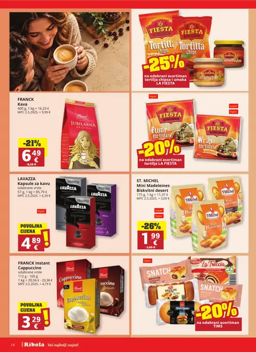 Ribola katalog — stranica 14: Franck Kava, Lavazza Kapsule za kavu, ST. MICHEL Mini Madeleines Biskvitni desert, Franck Instant Cappuccino (vrijedi 23. 09. 2026.–29. 09. 2026.)