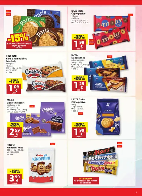 Ribola katalog — stranica 15: KRAŠ Moto Čajno pecivo, JAFFA Napolitanke, MILKA Biskvitni desert, LASTA Dukati Čajno pecivo (vrijedi 23. 09. 2026.–29. 09. 2026.)