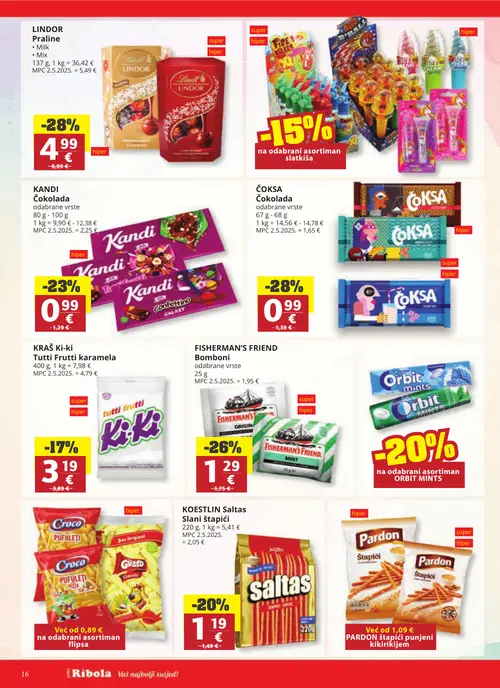 Ribola katalog — stranica 16: ČOKSA Čokolada, LINDOR Praline Milk/Mix, FISHERMAN'S FRIEND Bomboni, KANDI Čokolada (vrijedi 23. 09. 2026.–29. 09. 2026.)