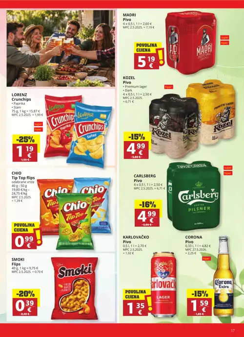 Ribola katalog — stranica 17: KARLOVAČKO Pivo, MADRI Pivo, CARLSBERG Pivo, LORENZ Crunchips Paprika (vrijedi 23. 09. 2026.–29. 09. 2026.)