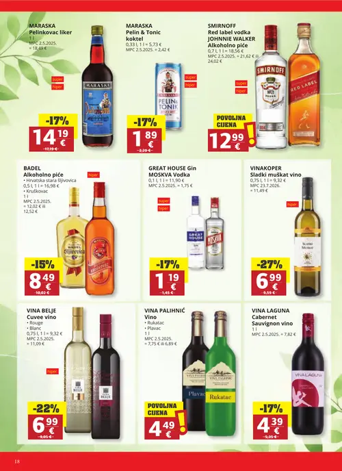 Ribola katalog — stranica 18: VINAKOPER Sladki muškat vino, VINA BELJE Cuvee vino Rouge Blanc, VINA LAGUNA Cabernet Sauvignon vino, MARASKA Pelin & Tonic koktel (vrijedi 23. 09. 2026.–29. 09. 2026.)