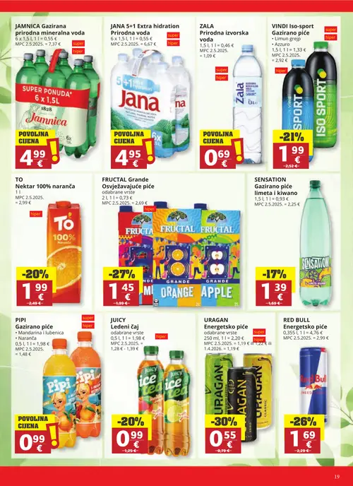 Ribola katalog — stranica 19: URAGAN Energetsko piće, FRUCTAL Grande Osvježavajuće piće, RED BULL Energetsko piće, PIPI Gazirano piće (vrijedi 23. 09. 2026.–29. 09. 2026.)