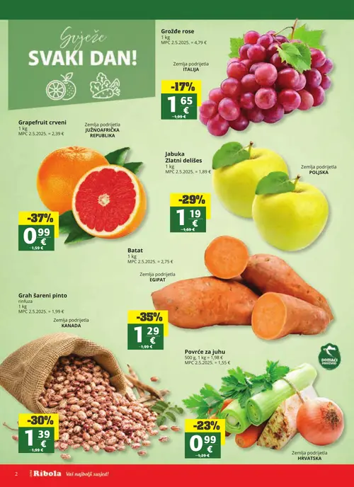 Ribola katalog — stranica 2: Grapefruit crveni, Batat, Grah šareni pinto rinfuza, Jabuka Zlatni delišes (vrijedi 23. 09. 2026.–29. 09. 2026.)