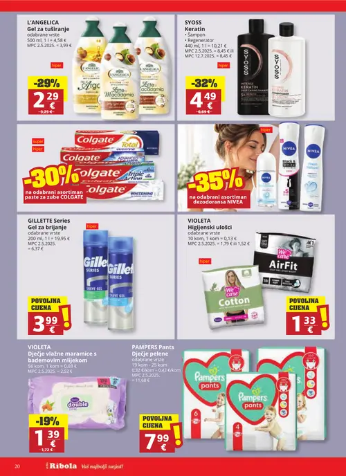 Ribola katalog — stranica 20: Gillette Series Gel za brijanje, L'ANGELICA Gel za tuširanje, VIOLETA Dječje vlažne maramice s bademovim mlijekom, SYOSS Keratin Šampon (vrijedi 23. 09. 2026.–29. 09. 2026.)