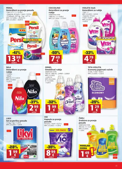 Ribola katalog — stranica 21: COCCCOLINO Deterdžent za pranje rublja, PERSIL Deterdžent za pranje posuđa, NILA Deterdžent za rublje, VIO Kapsule za pranje posuđa (vrijedi 23. 09. 2026.–29. 09. 2026.)