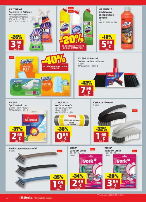 Ribola katalog — stranica 22: VILEDA Universal Sobna metla s drškom, ULTRA PLUS Vreće za smeće, VILEDA Spužvasta krpa, Četka za pranje posuđa* (vrijedi 23. 09. 2026.–29. 09. 2026.)