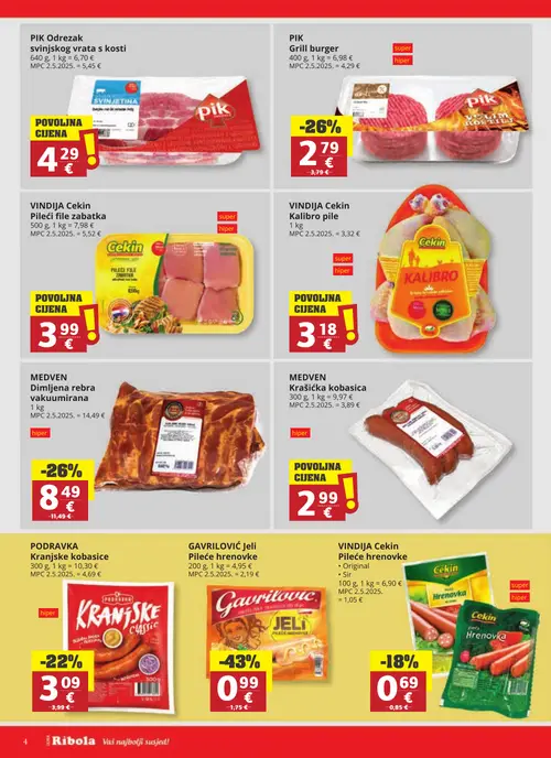 Ribola katalog — stranica 4: GAVRILOVIĆ Jeli Pileće hrenovke, PIK Grill burger, MEDVEN Dimljena rebra vakuumirana, PODRAVKA Kranjske kobasice (vrijedi 23. 09. 2026.–29. 09. 2026.)