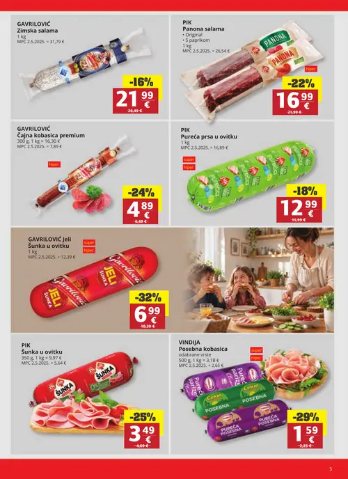 Ribola katalog — stranica 5: GAVRILOVIĆ Jeli šunka u ovitku, VINDIA Posebna kobasica, PIK Šunka u ovitku, GAVRILOVIĆ Čajna kobasica premium (vrijedi 23. 09. 2026.–29. 09. 2026.)