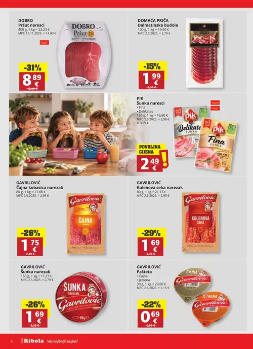 Ribola katalog — stranica 6: DOBRO Pršut naresci, DOMAĆA PRIČA Dalmatinska budola, PIK Šunka naresci, PIK Fina šunka (vrijedi 23. 09. 2026.–29. 09. 2026.)
