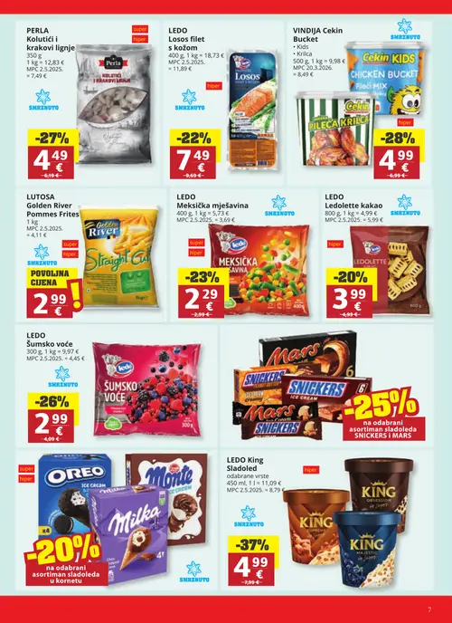 Ribola katalog — stranica 7: PERLA Kolutići i krakovi lignje, LEDO Losos filet s kožom, VINDIGA Vindija Cekin Bucket Kids, Golden River LUTOSA Golden River Pommes Frites (vrijedi 23. 09. 2026.–29. 09. 2026.)