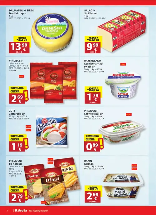 Ribola katalog — stranica 8: PALADIN Sir Edamer, BAYERNLAND Korniger zrnati svježi sir, BAKIN Kajmak, Dalmatinski sirevi Drniški trapist (vrijedi 23. 09. 2026.–29. 09. 2026.)