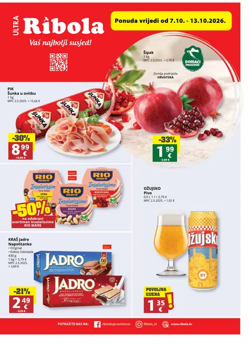 Ribola katalog — stranica 1: PIK Šunka u ovitku, Ožujsko Pivo, Kraš Jadro Napolitanke Original, Pivo (vrijedi 07.10.–13.10.2026.)