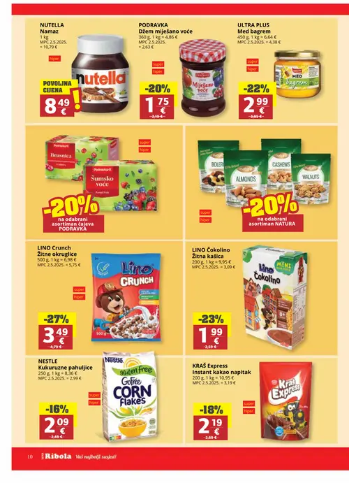 Ribola katalog — stranica 10: Lino Crunch Žitne okruglice, Lino Čokolino Žitna kašica, Ultra Plus Med bagrem, Podravka Džem miješano voće (vrijedi 07.10.–13.10.2026.)