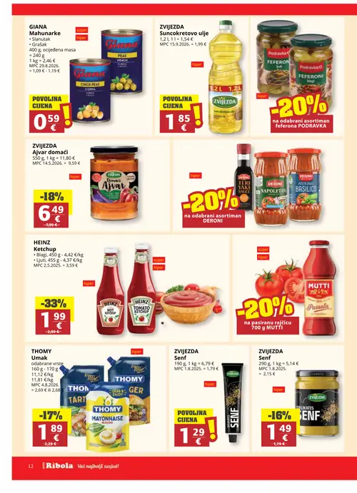 Ribola katalog — stranica 12: HEINZ Ketchup, ZVIJEZDA Ajvar domaći, ZVIJEZDA Senf, GIANA Mahunarke (vrijedi 07.10.–13.10.2026.)
