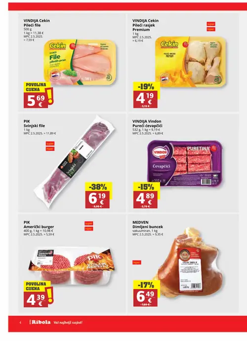 Ribola katalog — stranica 4: PIK Američki burger, PIK Američki burger, VINDJA Cekin Pileći rasjek Premium, VINDIA Cekin Pileći rasjek Premium (vrijedi 07.10.–13.10.2026.)