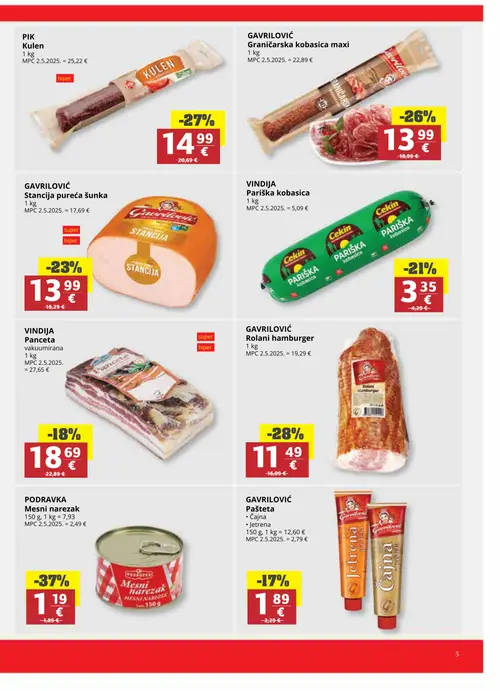 Ribola katalog — stranica 5: PODRAVKA Mesni narezak, GAVRILOVIĆ Rolani hamburger, PIK Kulen, GAVRILOVIĆ Graničarska kobasica maxi (vrijedi 07.10.–13.10.2026.)