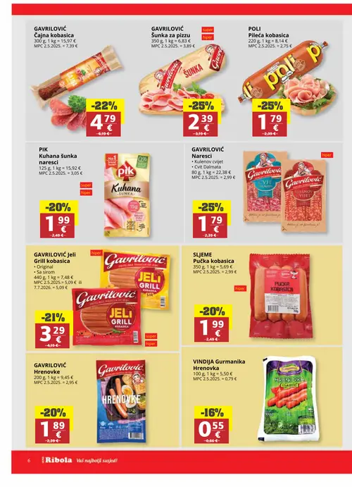 Ribola katalog — stranica 6: GAVRILOVIĆ Naresci, GAVRILOVIĆ Šunka za pizzu, POLI Pileća kobasica, GAVRILOVIĆ Čajna kobasica (vrijedi 07.10.–13.10.2026.)