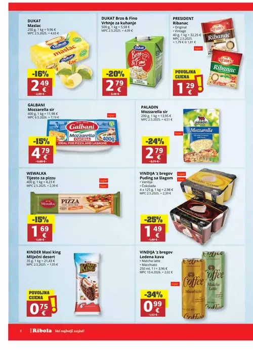 Ribola katalog — stranica 8: Vindija 'z bregov Ledena kava, Vindija 'z bregov Puding sa šlagom, Paladin Mozzarella sir, Dukat Brzo & Fino Vrhnje za kuhanje (vrijedi 07.10.–13.10.2026.)
