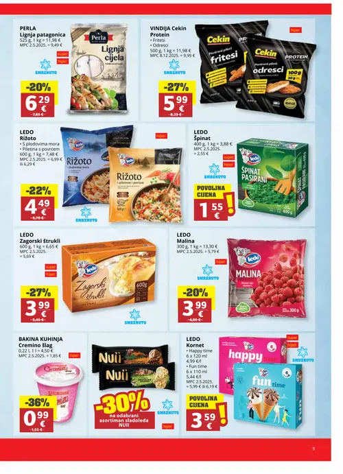 Ribola katalog — stranica 9: LEDO Kornet, BAKINA KUHINJA Cremino šlag, PERLA Lignja patagonica, LEDO Rižoto s plodovima mora (vrijedi 07.10.–13.10.2026.)