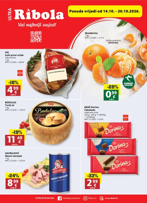 Ribola katalog — stranica 1: KRAŠ Dorina Čokolada odabrane vrste, Mandarina, GAVRILOVIĆ Mesni narezak, BODULAC Tvrdi sir (vrijedi 14.10.–20.10.2026.)