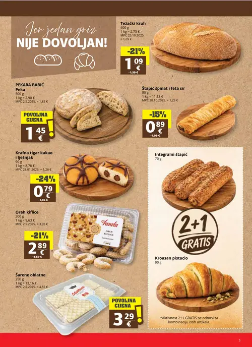 Ribola katalog — stranica 3: Krafna tigar kakao i lješnjak, Sanola Orah kiflice, Težački kruh, Štapić špinat i feta sir (vrijedi 14.10.–20.10.2026.)