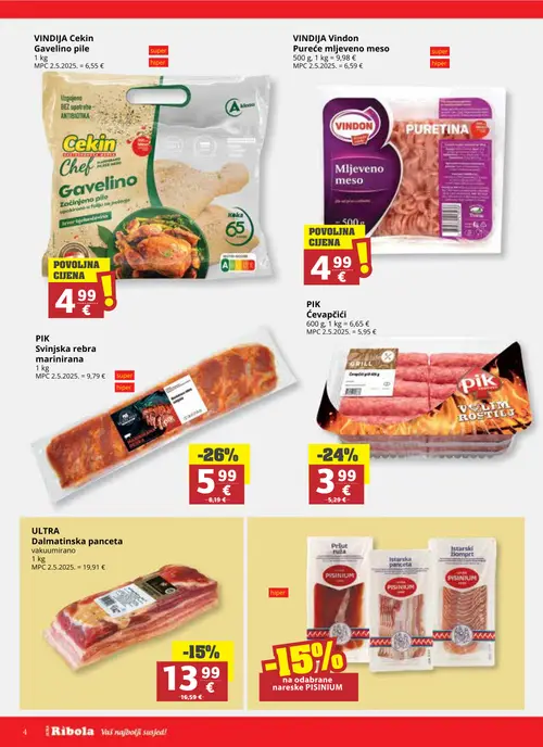 Ribola katalog — stranica 4: Vindija Vindon Pureće mljeveno meso, PIK Svinjska rebra marinirana, PIK Čevapčići, ULTRA Dalmatinska panceta (vrijedi 14.10.–20.10.2026.)