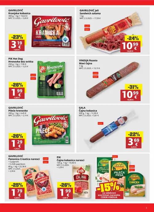 Ribola katalog — stranica 5: Vindija Rozeto Maxi čajna, GAVRILOVIĆ Pileće hrenovke, PIK Hot Dog Hrenovke bez ovitka, PIK Čajna kobasica naresci (vrijedi 14.10.–20.10.2026.)