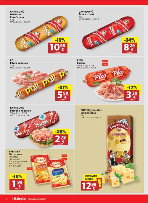 Ribola katalog — stranica 6: GAVRILOVIĆ Šunka u ovitku, POLI Pileća kobasica, GAVRILOVIĆ Posebna kobasica, PIKO Parizer (vrijedi 14.10.–20.10.2026.)