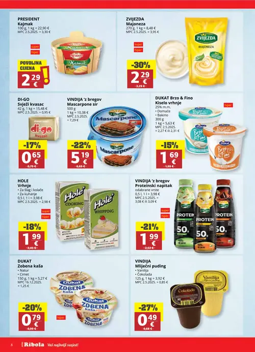 Ribola katalog — stranica 8: ZVIJEZDA Majoneza, PRESIDENT Kajmak, VINDIA Mliječni puding, VINDIA 'z bregov Mascarpone sir (vrijedi 14.10.–20.10.2026.)