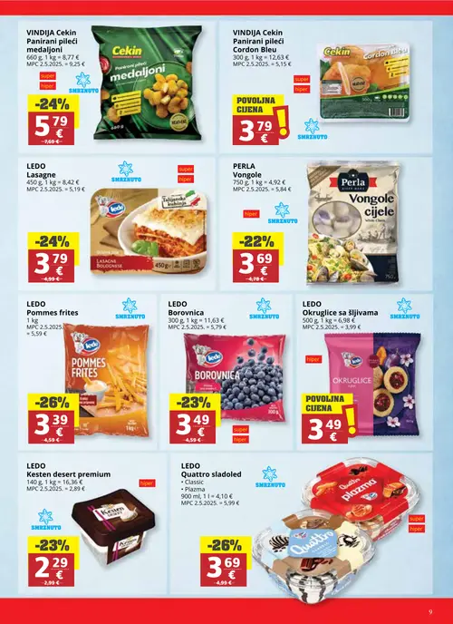 Ribola katalog — stranica 9: Ledo Quattro sladoled, Ledo Pommes frites, Vindija Cekin Panirani pileći medaľoni, Ledo Lasagne (vrijedi 14.10.–20.10.2026.)
