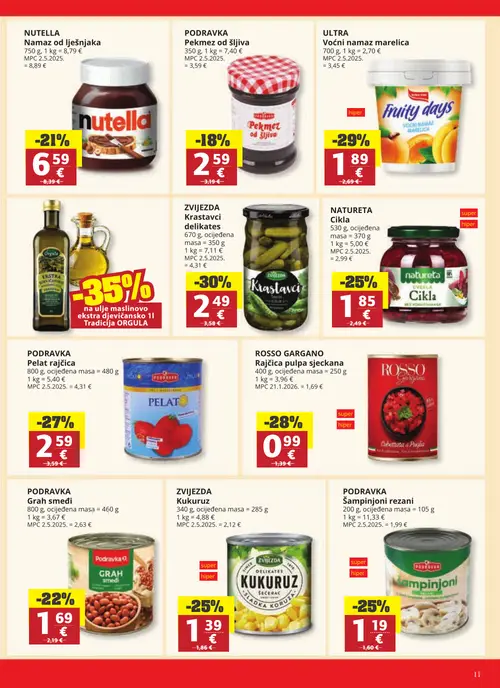 Ribola katalog — stranica 11: ZVIJEZDA Krastavci delikates, ULTRA Voćni namaz marelica, ROSSO GARGANO Rajčica pulpa sjeckana, PODRAVKA Pelat rajčica (vrijedi 28.10.–03.11.2026.)