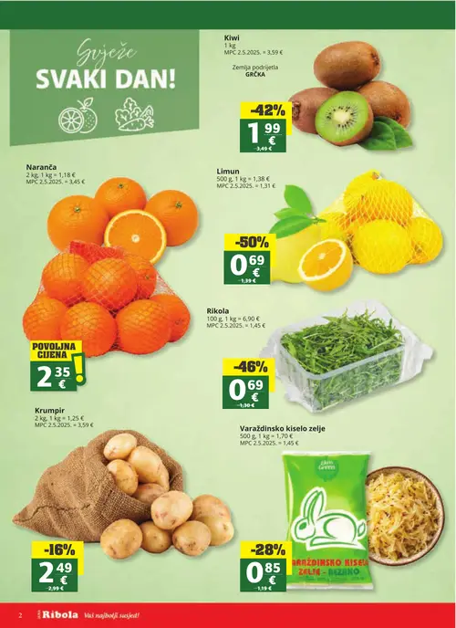 Ribola katalog — stranica 2: Limun, Rikola, Kiwi, Eko Green Varaždinsko kiselo zelje (vrijedi 28.10.–03.11.2026.)