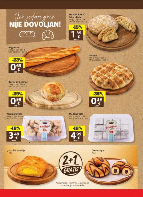 Ribola katalog — stranica 3: Somun, Burek sir i špinat, Baguette, Slatkica Medena pita (vrijedi 28.10.–03.11.2026.)