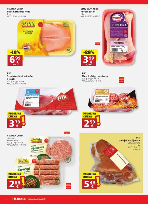 Ribola katalog — stranica 4: PIK Mesni uštipci sa sirom, PIK Svinska koljenica, Vindon Vindija Vindon Pureći batak, Vindija Cekin Če vapi (vrijedi 28.10.–03.11.2026.)