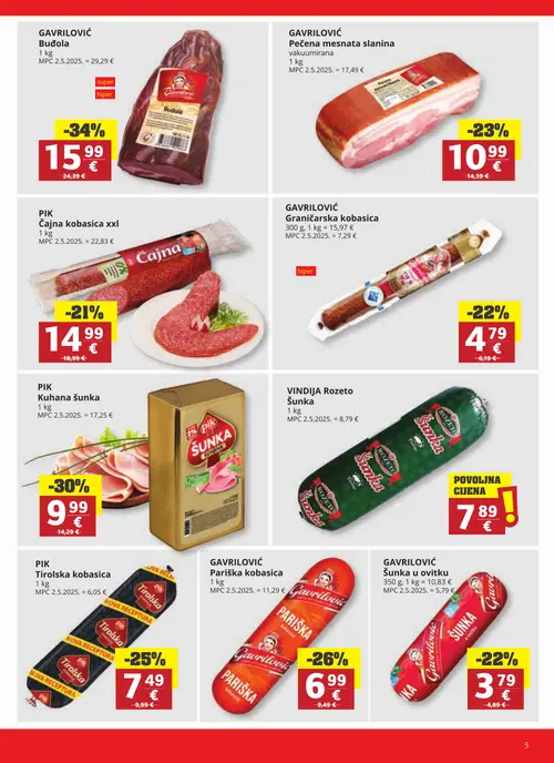 Ribola katalog — stranica 5: GAVRILOVIĆ Budola, PIK Kuhana šunka, GAVRILOVIĆ Pariška kobasica, PIK Tirolska kobasica (vrijedi 28.10.–03.11.2026.)