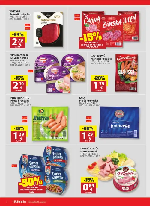 Ribola katalog — stranica 6: VOŠTANE Dalmatinski pršut, GAVRILOVIĆ Kranjska kobasica, PERUTNINA PTUJ Pileća hrenovka, VINDGIA Vindon DeLuxe naresci (vrijedi 28.10.–03.11.2026.)