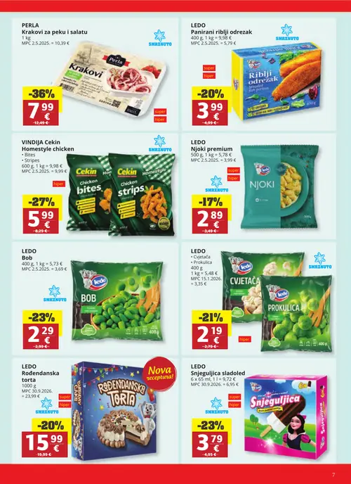 Ribola katalog — stranica 7: PERLA Krakovi za peku i salatu, VINDIJA Cekin Homestyle chicken Bites, VINDIJA Cekin Homestyle chicken Strips, LEDO Snjeguljica sladoled (vrijedi 28.10.–03.11.2026.)