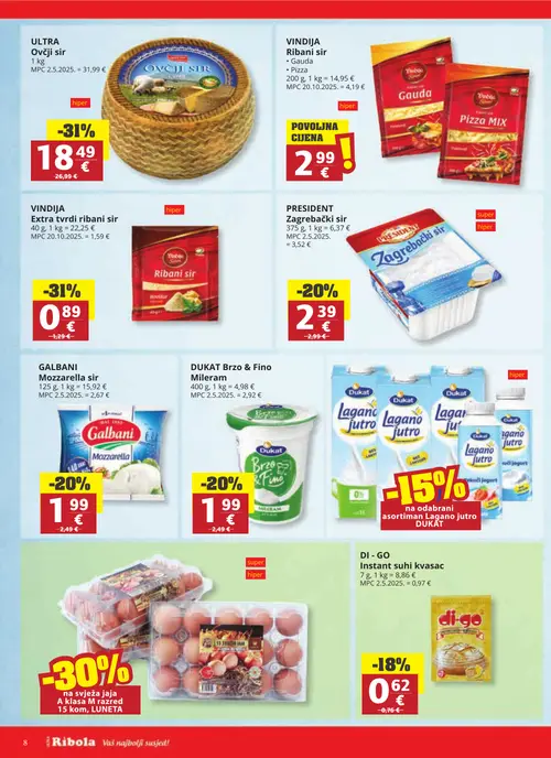 Ribola katalog — stranica 8: ULTRA Ovčji sir, Vindija Extra tvrdi ribani sir, PRESIDENT Zagrebački sir, GALBANI Mozzarella sir (vrijedi 28.10.–03.11.2026.)