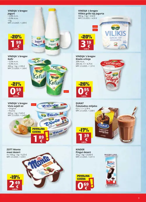 Ribola katalog — stranica 9: VINDIA 'z bregov Kiselo vrhnje, VINDIA 'z bregov Vivis svježi sir, VINDIA 'z bregov Kefir, VINDIA 'z bregov Vilikis grčki tip jogurta (vrijedi 28.10.–03.11.2026.)
