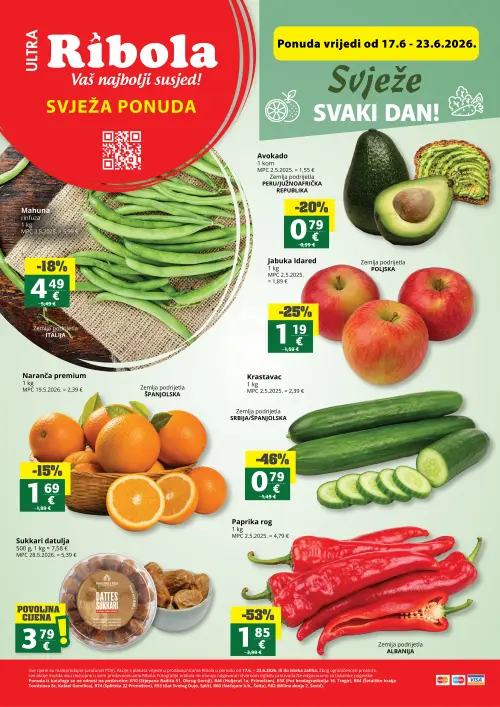 Ribola katalog — stranica 1: Paprika rog, Krastavac, Jabuka Idared, Avokado (vrijedi 17. 06. 2026.–23. 06. 2026.)