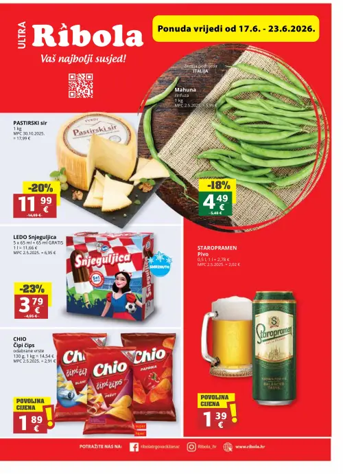Ribola katalog — stranica 1: LEDO Snjeguljica, Pastirski sir, Mahuna, STAROPRAMEN Pivo (vrijedi 17. 06. 2026.–23. 06. 2026.)